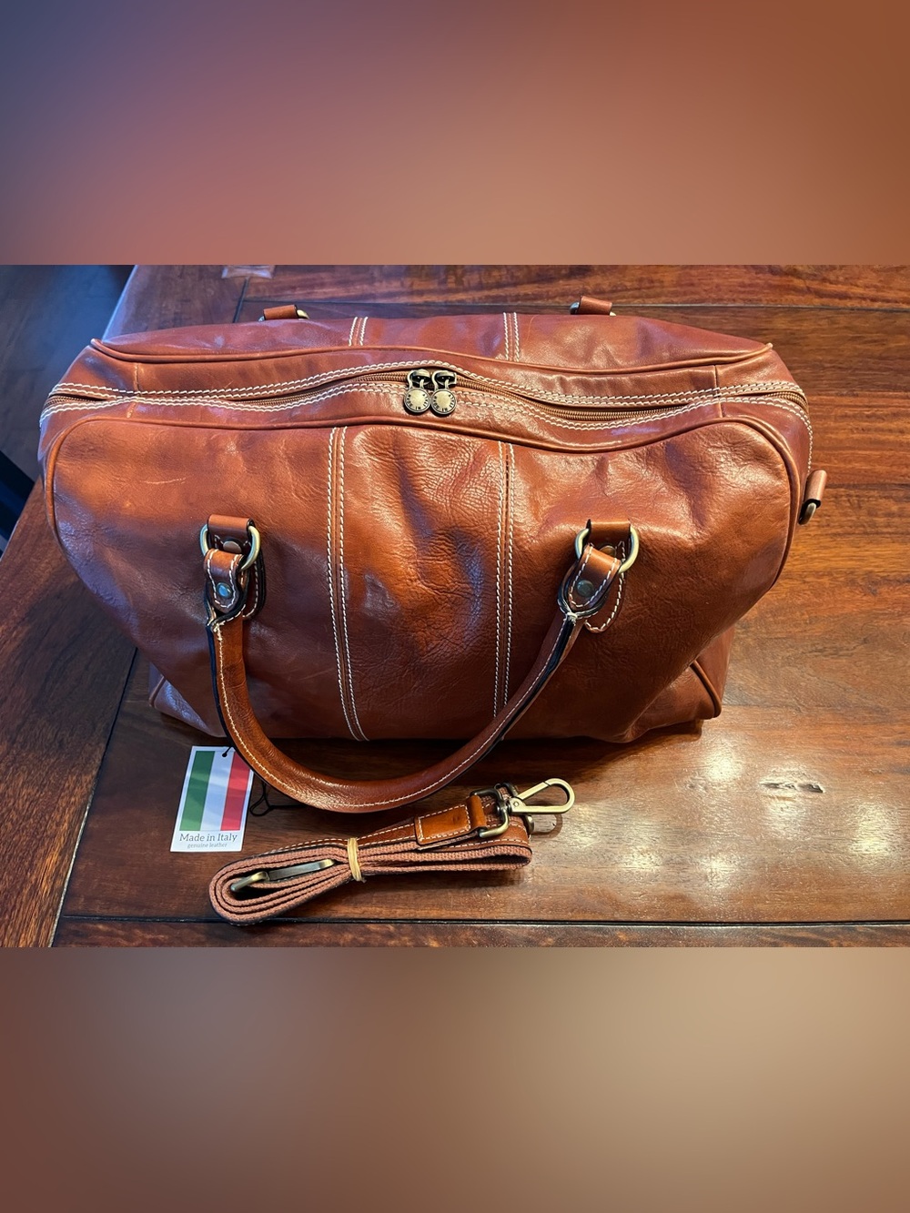 Leather Brown Duffel Bag with Removable Strap